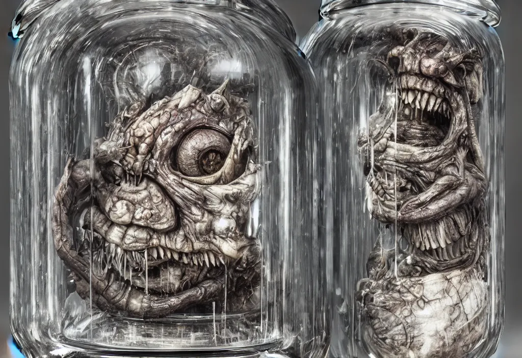 Image similar to Photorealistic miniature monster inside a jar on clean background by H.R. Giger, KDA and Sam Yang, trending on artstation