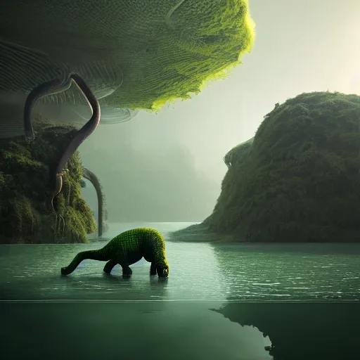 Image similar to indoors. dangerous creature lurking, eyes visible. a large body of water with green algae in it, a matte painting by filip hodas, cg society contest winner, environmental art, matte painting, volumetric lighting, cryengine