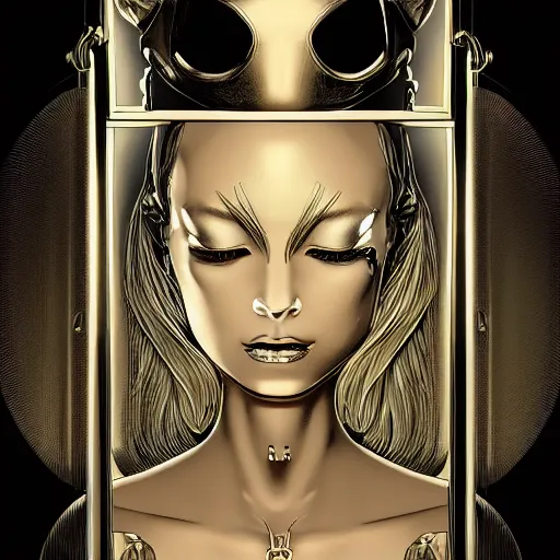 Prompt: gold and silver tones, cybernetic princess trapped in a glass box in a dark room, 3 d, style of moebius, james jean, mcbess, cinematic, highly detailed, award winning, 8 k photorealistic