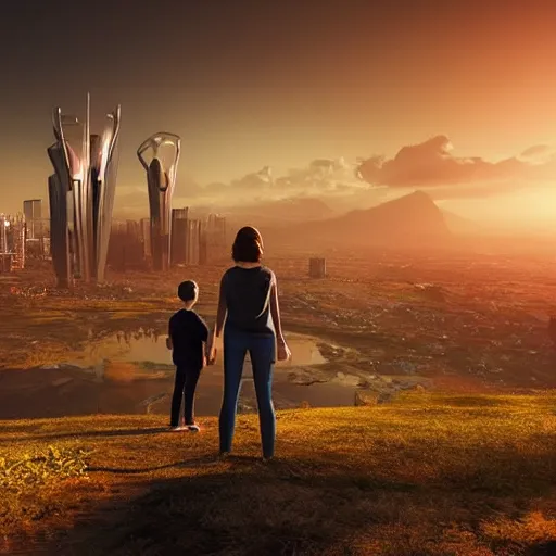 Prompt: “family standing on the hill looking at the futuristic city in the valley, a lot of future technologies, cinematic view, dramatic buildings, epic composition, octane render, unreal engine, 4k”