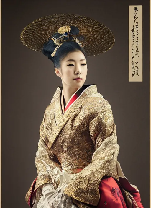 Prompt: portrait of attractive japanese lady wearing regal ceremonial attire, intricate details, ultra - realistic, studio lighting, photographed by greg rutkowski