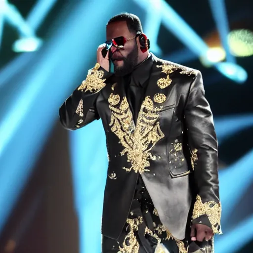 Prompt: r kelly crying hysterically on stage