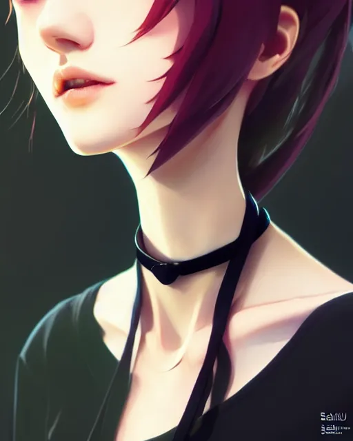 Prompt: full very close up neck shot of a beautiful skinny choir girl, in tshirt and choker, by saruei and guweiz and ilya kuvshinov, digital art, highly detailed, intricate, sharp focus, trending on artstation hq, deviantart, pinterest, unreal engine 5, 4 k uhd image