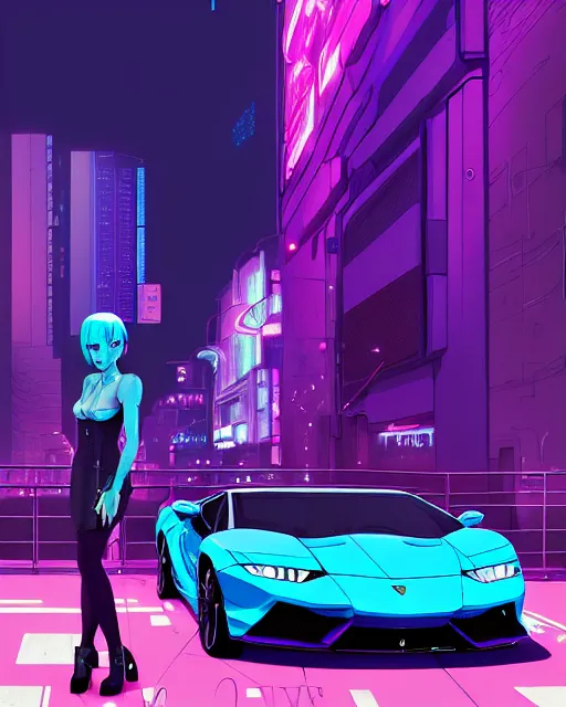 Image similar to digital illustration of cyberpunk pretty girl with blue hair, standing in front of a purple lamborghini, in city street at night, by makoto shinkai, ilya kuvshinov, lois van baarle, rossdraws, basquiat