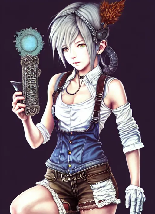 Image similar to a portrait of catgirl wearing white vest, and denim shorts an ultrafine detailed painting, detailed painting, detailed eyes!!, final fantasy octopath traveler lovecraft cosmc horror