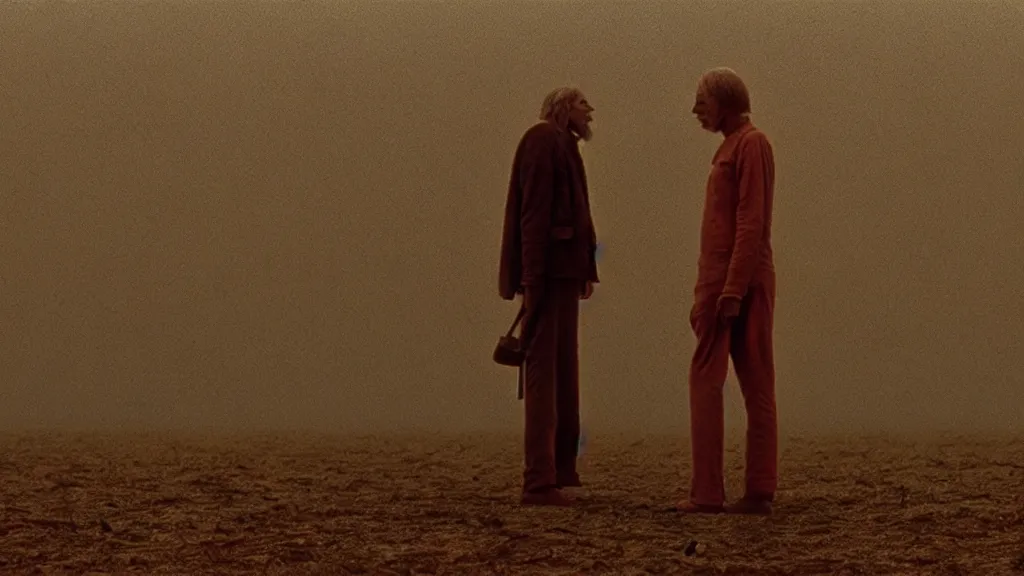 Prompt: we die every day, film still from the movie directed by Wes Anderson with art direction by Zdzisław Beksiński, wide lens