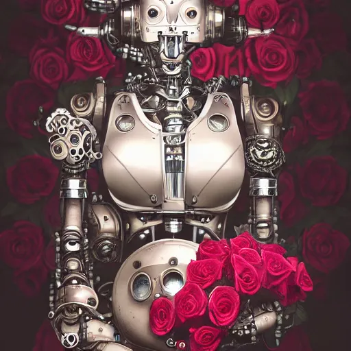 Image similar to a beautiful intricate fine art portrait photo of a a mechanical industrial steampunk cybernetic robot taking a milk bath surrounded by roses, by tom bagshaw and zach sutton, perfection!, milk bath photography, studio lighting, 35mm lens, very detailed, bionic, cybernetic scifi, deep depth of field, artstation, 8K, highly coherent