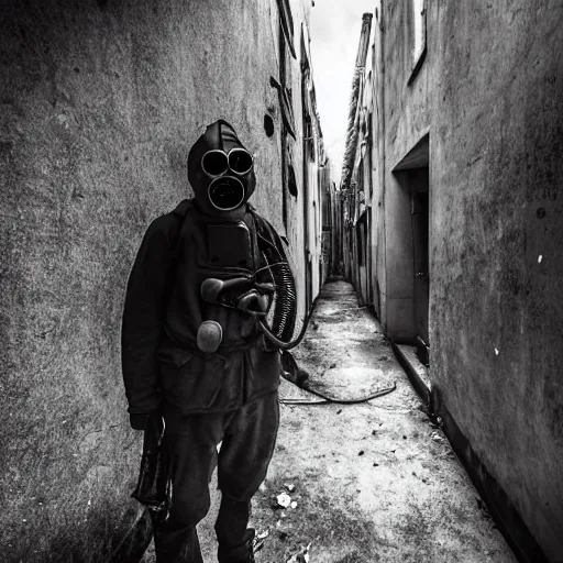 Prompt: A misterious man wearing a gas mask using a flashlight is standing on the midle of a stair alley looking in the direction of the camera :: outside, blue sky visible :: Ruined city with vegetation and trees growing all over the place in the distroyed buildings :: apocalyptic, disolate :: A long shot, low angle, dramatic backlighting, simetric photography, night time, slighty colorful :: cinematic shot, very detailed