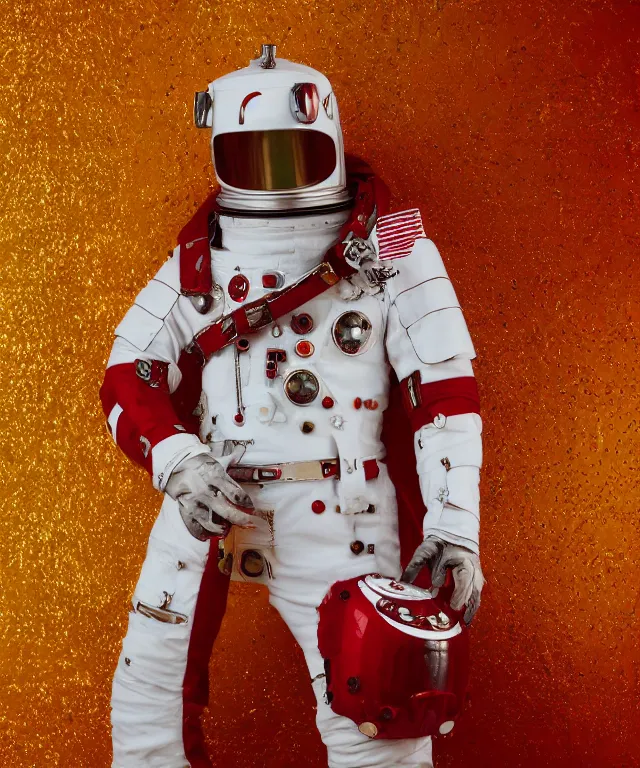 Image similar to photography of red and white space suits designed for knights templar, tubings, helmet with intricate design, golden linings, photo shoot, by annie leibovitz, sigma 85mm 1.4, glows, sharp, high contrast, octane render