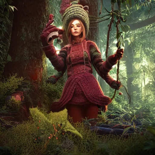 Image similar to knit female earth mage, high quality character design, action pose : : spotlight, magicpunk, biopunk, forestpunk, forest, mushrooms, high detail, 8 k, oled, shadows, reflections, digital art, official art, octane render, dynamic camera angle, dollpunk