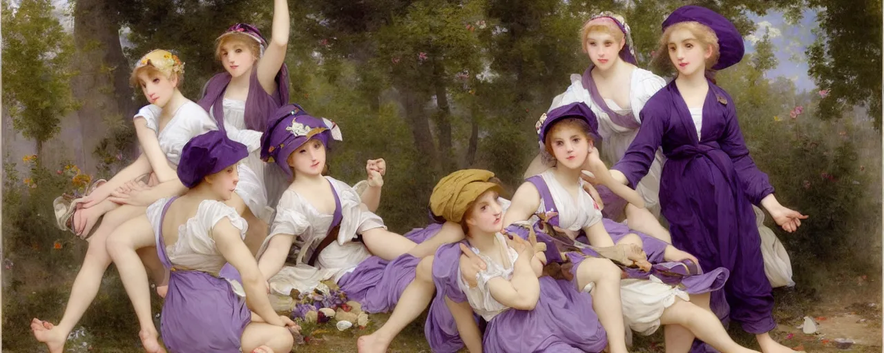 Image similar to A character sheet of full body cute magical girls with short blond hair wearing an oversized purple Beret, Baggy Purple overall shorts, Short Puffy pants made of silk, pointy jester shoes, a big billowy scarf, Golden Ribbon, and white leggings Covered in stars. Short Hair. Sunlit. Haute Couture. Art by william-adolphe bouguereau and Paul Delaroche and Alexandre Cabanel and Lawrence Alma-Tadema and Johannes Helgeson. Smooth. Elegant. Highly Detailed. Intricate. 4K. UHD. Denoise.