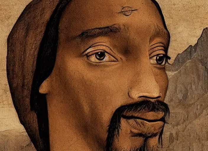 Image similar to a very high resolution image from a new movie, snoop dogg. drawn by leonardo da vinci. mountains, directed by wes anderson