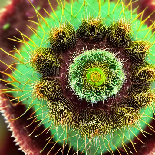 Prompt: microphotography of a flowering cactus, 4k UHD, 8k, 16k, 55mm lens