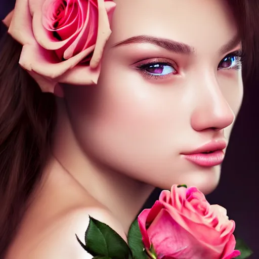 Image similar to a gorgeous female photo, professionally retouched, soft lighting, holding a bouquet of roses, realistic, smooth face, perfect eyes, wide angle, sharp focus on eyes, 8 k high definition, insanely detailed, intricate, elegant, art by artgerm