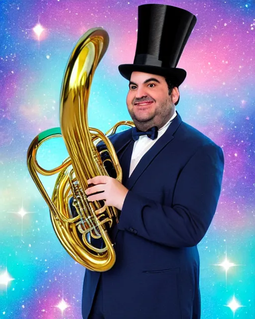 Image similar to photorealistic studio portrait of ian karmel playing a french horn, wearing a top hat, with a space background