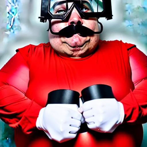 Image similar to a round fat man in a red jumpsuit, wearing shiny black goggles, long pointy pink nose, long spikey brown moustache, large cartoonish hands with white gloves, evil villain grin, high tech