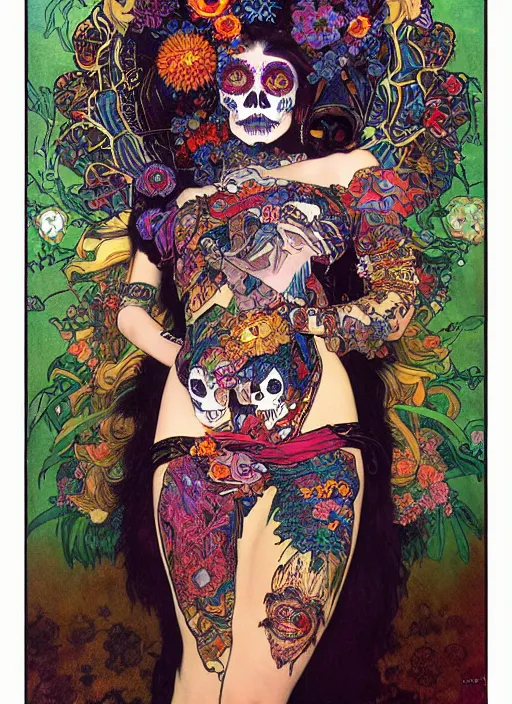 Image similar to psychedelic poster art of a cute punk goth fashion fractal Día de los Muertos tattooed girl posing by Victor Moscoso Rick Griffin Alphonse Mucha Gustav Klimt Ayami Kojima Amano Charlie Bowater, masterpiece