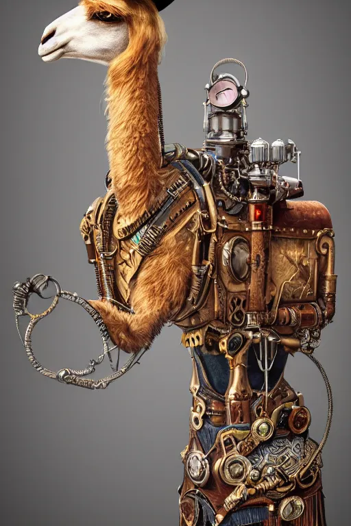 Prompt: anthropomorphic llama as a steampunk cowboy, intricate, elegant, highly detailed, digital painting, artstation, concept art, smooth, sharp focus, contemporary fashion shoot, by edward robert hughes, annie leibovitz and steve mccurry, david lazar, jimmy nelsson, hyperrealistic, octane render