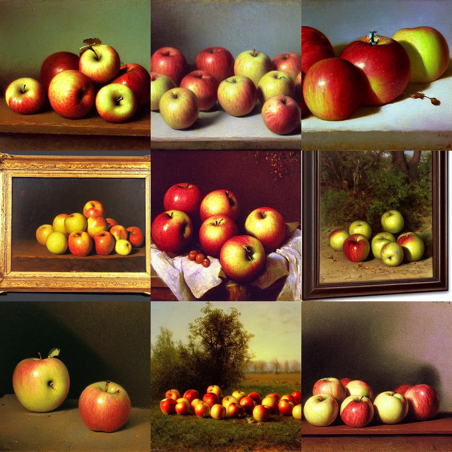 Prompt: a bushel of apples painted by bierstadt