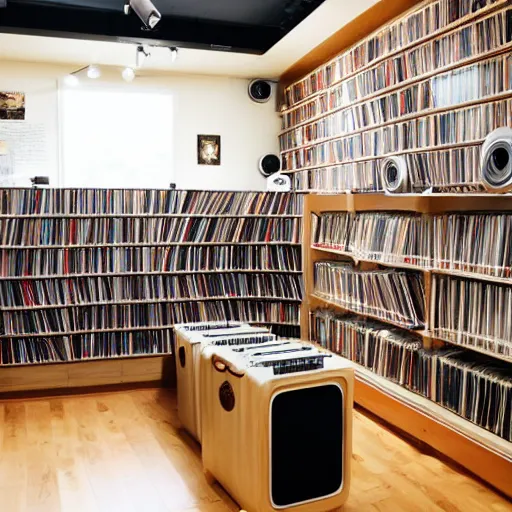 Image similar to cozy music shop, floor to ceiling shelves of vinyl LP records, large speakers and hifi equipment, interior, intimate, comfortable, anime style