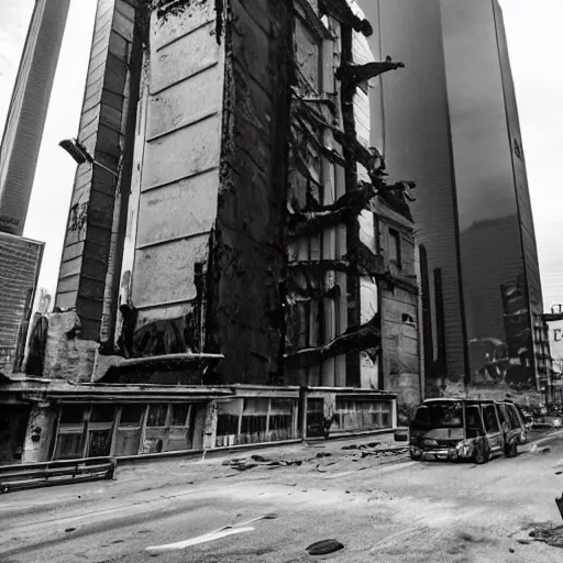 Image similar to apocalyptic city, buildings covered in black liquid rubber