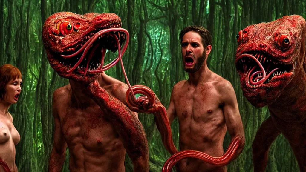 Prompt: Adam and eve with a screaming worm monster, maximalist, high detail, 8k, ornate, dark fantasy, realistic, masterpiece, complex, WLOP, film still from the movie directed by Denis Villeneuve, wide angle, colorful