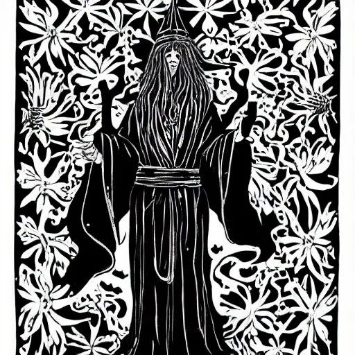 Image similar to black and white pen and ink!!!!!!! Suprani!!!!! wizard Nick Drake wearing High Royal flower print robes flaming!!!! final form flowing ritual royal!!! Contemplative stance Vagabond!!!!!!!! floating magic swordsman!!!! glides through a beautiful!!!!!!! Camellia!!!! Tsubaki!!! death-flower!!!! battlefield behind!!!! dramatic esoteric!!!!!! Long hair flowing dancing illustrated in high detail!!!!!!!! by Hiroya Oku!!!!!!!!! graphic novel published on 2049 award winning!!!! full body portrait!!!!! action exposition manga panel black and white Shonen Jump issue by David Lynch eraserhead and beautiful line art Hirohiko Araki!! Frank Miller, Kentaro Miura!, Jojo's Bizzare Adventure!!!! 3 sequential art golden ratio technical perspective panels horizontal per page