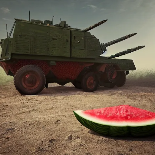 Image similar to Very very very very highly detailed Watermelon as military vehicle with epic weapons, on a battlefield in russian city as background. Less Watermelon a lot more military vehicle, Photorealistic Concept 3D digital art in style of Caspar David Friedrich, super rendered in Octane Render, epic dimensional light