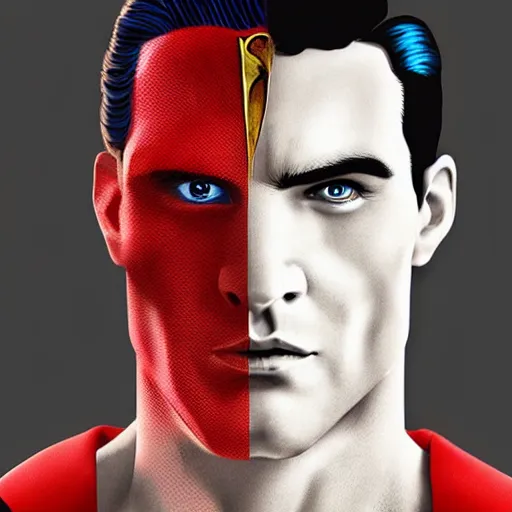 Image similar to hyper realistic portrait of superman with blonde two sides hair and thin face lines, his cape is the american flag