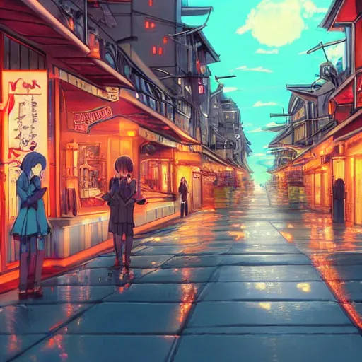 Image similar to beautiful anime scenery, city street at dusk