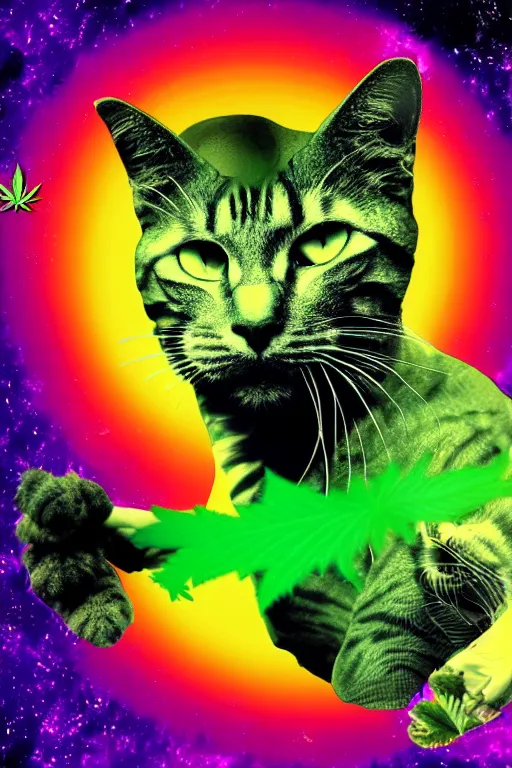 Prompt: A Bob Marley cat floating in space with cannabis, digitalart