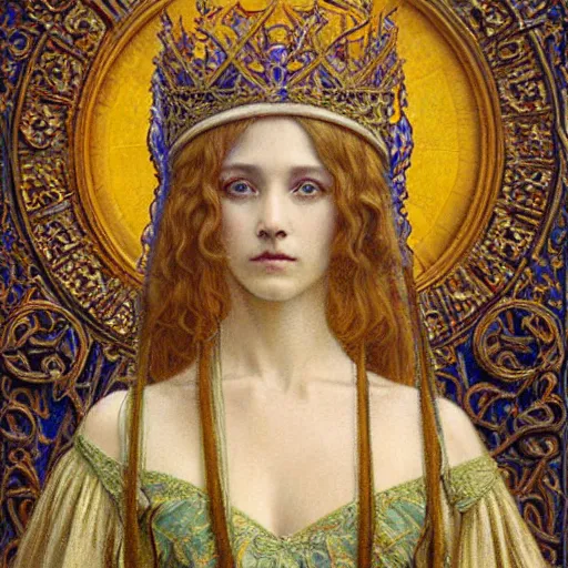 Prompt: detailed realistic half body portrait of a beautiful young medieval queen by jean delville, art nouveau, symbolist, visionary, gothic, horizontal symmetry, opulent gown, ornate jewels