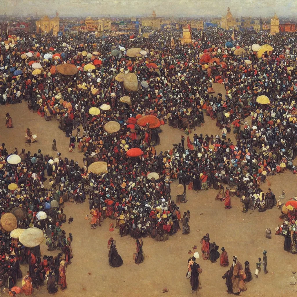 Prompt: dahomey officials with flat colorful umbrellas watching a parade in ahomey's huge main square, from above, 1905, highly detailed, oil on canvas, by ilya repin