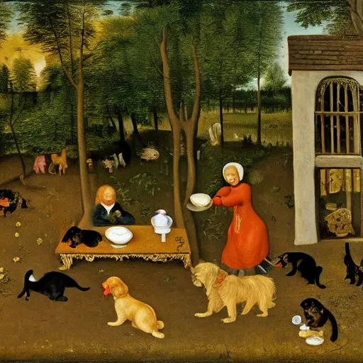 Image similar to bruegel style painting of golden retriever and a black kitty having a tea party in the forest