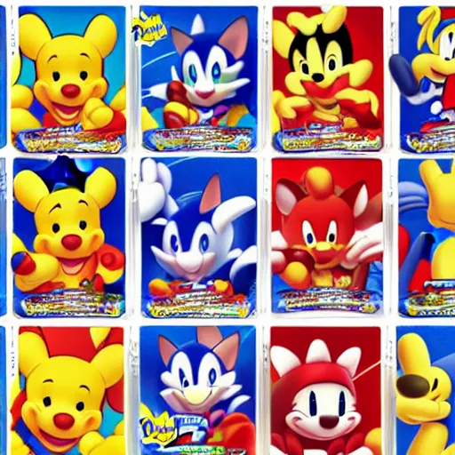 Image similar to photograph of winnie the pooh and super mario and sonic the hedgehog anime style, on pokemon card packs at target