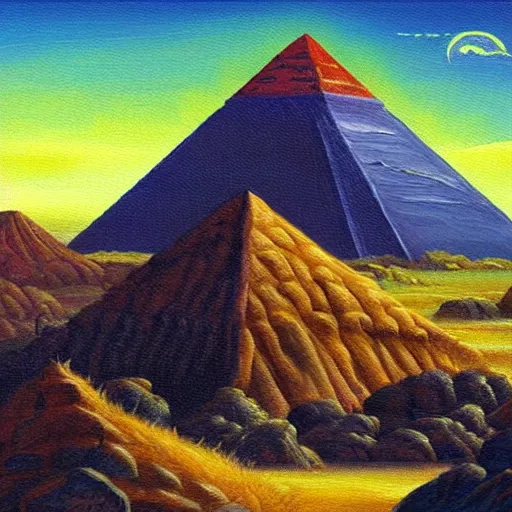 Image similar to fantasy landscape pyramids in distance rocky desert terrain oil painting widescreen