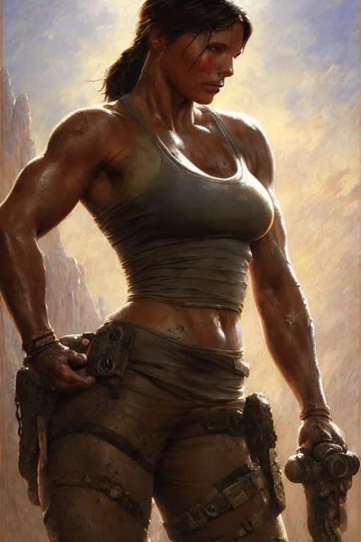 Image similar to muscular sweat lara croft, covers with mud exhausted face close up, highly detailed painting by gaston bussiere, craig mullins, j. c. leyendecker 8 k