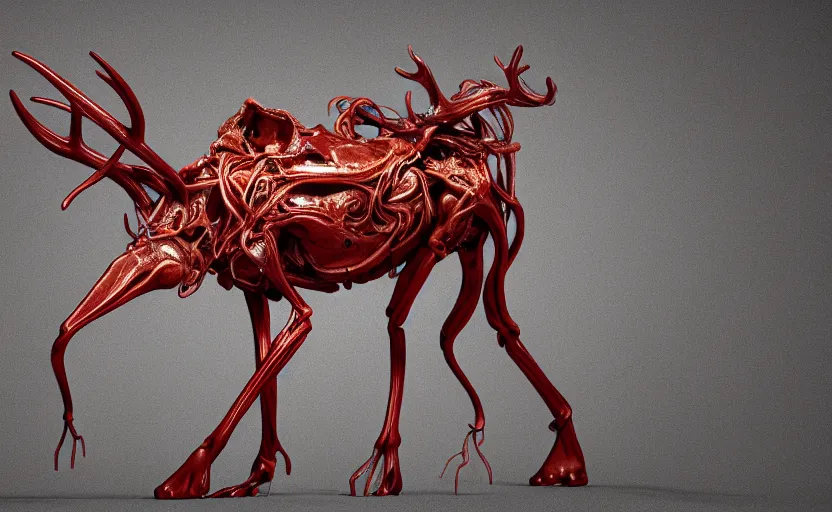 Image similar to stylized shiny polished silver statue full body bizarre extra limbs cosmic horror quadruped animal moose deer skull four legs made of marble of slug worm creature tendrils perfect symmetrical body perfect symmetrical face hyper realistic hyper detailed by johannen voss by michelangelo octane render blender 8 k displayed in pure white studio room anatomical deep red arteries veins flesh hell