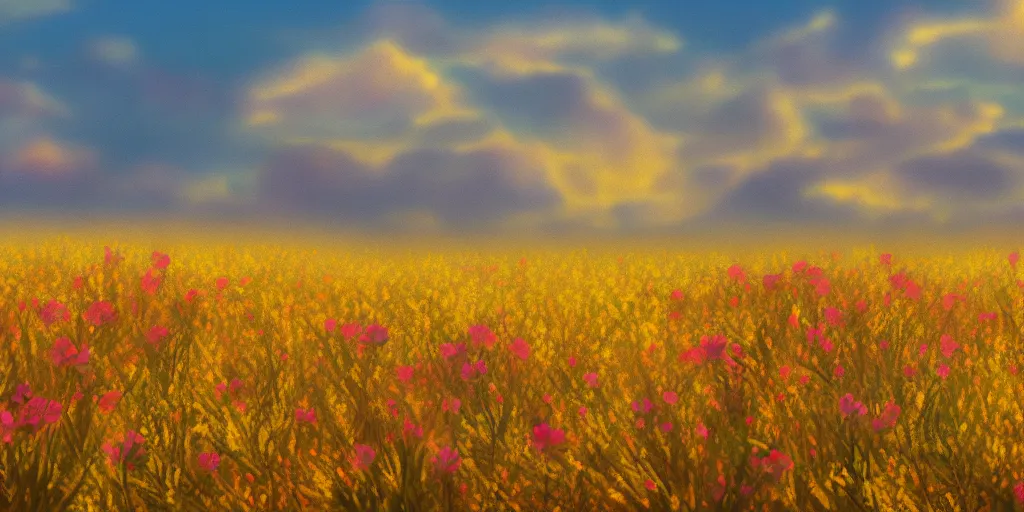 Prompt: abstract landscape, flowers field. golden hour. pastel colors. matte painting, 4k