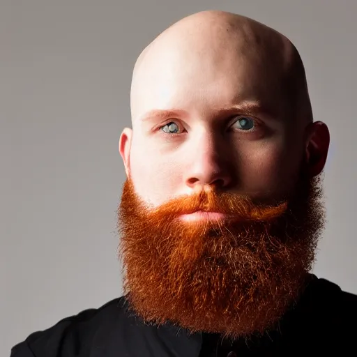 Prompt: portrait of a 26 year old bald white man with a red beard, acting headshot