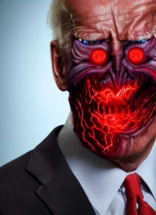 Image similar to hyper realistic ultra realistic mutant photo Doom furious glowing red eyes biden, high quality photo, detailed , 8k