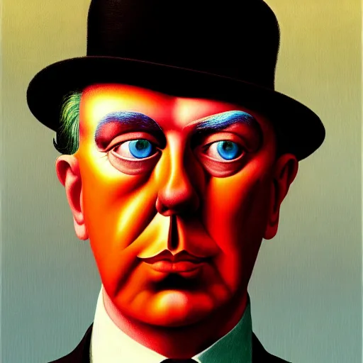 Prompt: An extremely psychedelic portrait of Rene Magritte, surreal, LSD, face, detailed, intricate, elegant, lithe, highly detailed, digital painting, artstation, concept art, smooth, sharp focus, illustration