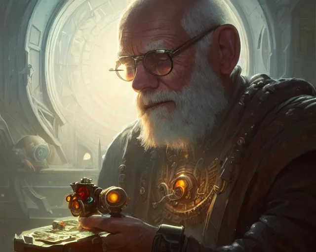 Image similar to old man with cyborg features, deep focus, d & d, fantasy, intricate, elegant, highly detailed, digital painting, artstation, concept art, matte, sharp focus, illustration, hearthstone, art by artgerm and greg rutkowski and alphonse mucha