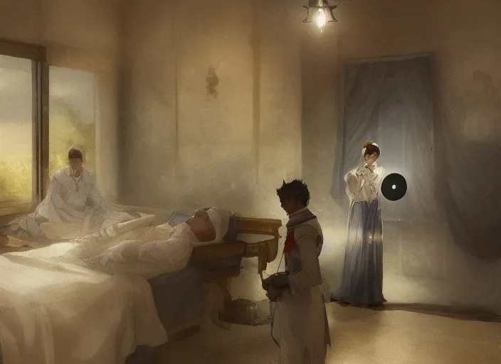 Prompt: 1 8 5 4 crimea, florence nightingale holding lamp, army hospital in scutari at night, wounded patients in beds on both sides of hospital ward, finely detailed perfect art, painted by greg rutkowski makoto shinkai takashi takeuchi studio ghibli