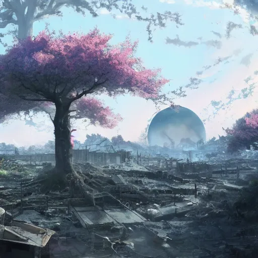 Image similar to apocalyptic ruins. One single lush Sakura tree growing. Atmospheric lighting, gloomy, dark, end of the world, ruins, everything is dead, post apocalyptic. Makoto Shinkai, anime, trending on ArtStation, digital art.