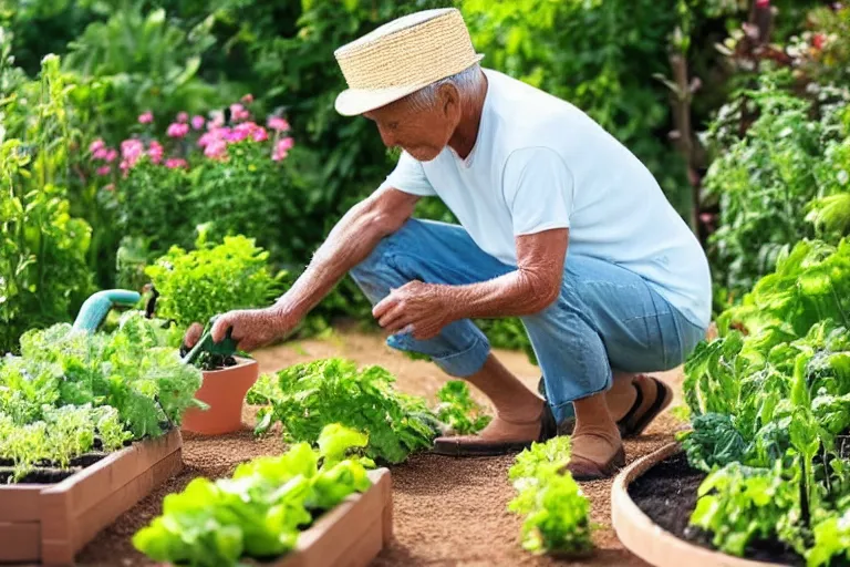 Prompt: 6 0 year old man wearing a straw hat looking down to the ground kneeling beside a healthy luscious beautiful vegetable garden with gardening tool leaning by his side