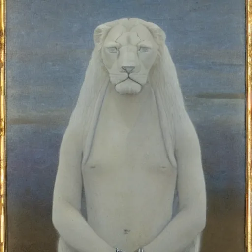 Image similar to Somewhere in sands of the desert, a shape with lion body and the head of a man, a gaze blank and pitiless as the sun, painted by Fernand Khnopff