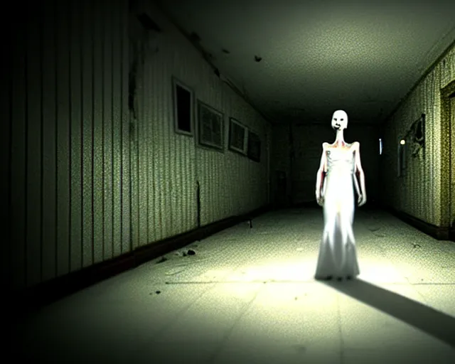 Image similar to creepy mangled woman wearing white dress standing in the backrooms, playable trailer, psychological horror, the eerie forlorn atmosphere of a place that's usually bustling with people but is now abandoned and quiet, buzzing fluorescent lights above the ceiling, unsettling images, liminal space, dark, silent hills, created by hideo kojima