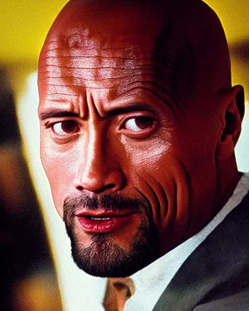 Prompt: Film still close-up shot of Dwayne Johnson in the movie Pulp Fiction. Photographic, photography