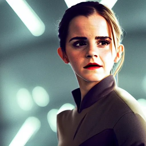 Image similar to Emma Watson in Star Wars, XF IQ4, 150MP, 50mm, f/1.4, ISO 200, 1/160s, natural light, Adobe Photoshop, Adobe Lightroom, DxO Photolab, Corel PaintShop Pro, rule of thirds, symmetrical balance, depth layering, polarizing filter, Sense of Depth, AI enhanced, HDR, crisp